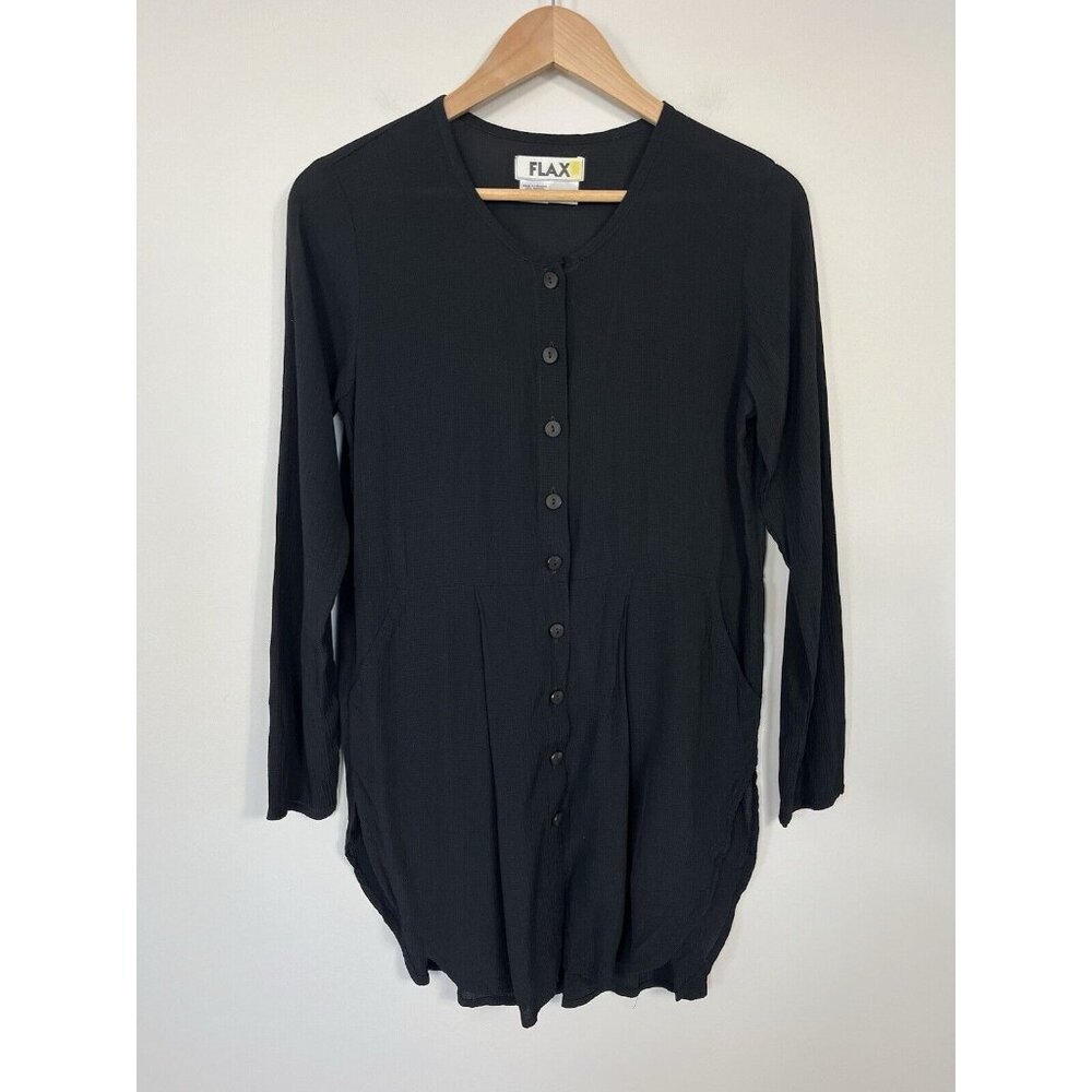 FLAX Top Womens Petite Black Button Down Collarless Tunic Long Sleeve Lagenlook